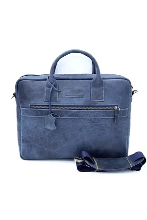 Karl Eskitme Lacivert Hakiki Deri Laptop & Evrak Çantası